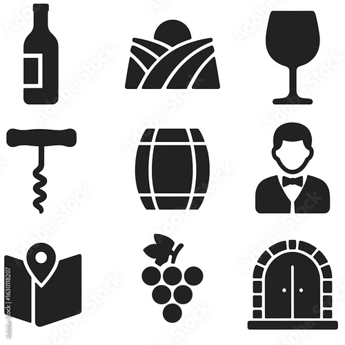 Wine Tour Icons. Solid, filled icons set of wine and beverage tours: wine bottle, vineyard row, wine tasting