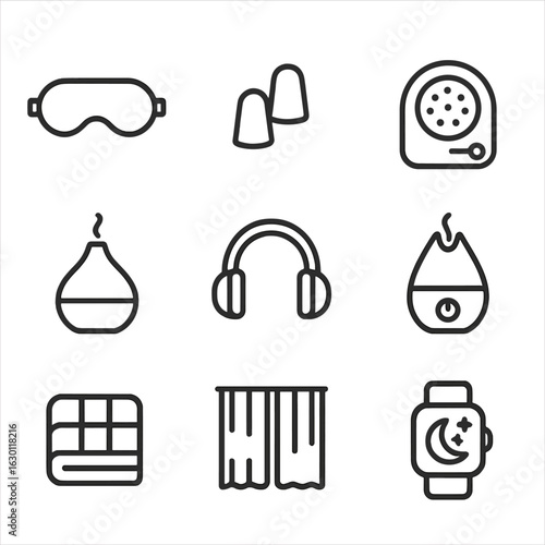 Sleep Accessories Icons. Outline icon set of sleep accessories: eye mask, ear plugs, white noise machine, essential oil diffuser,
