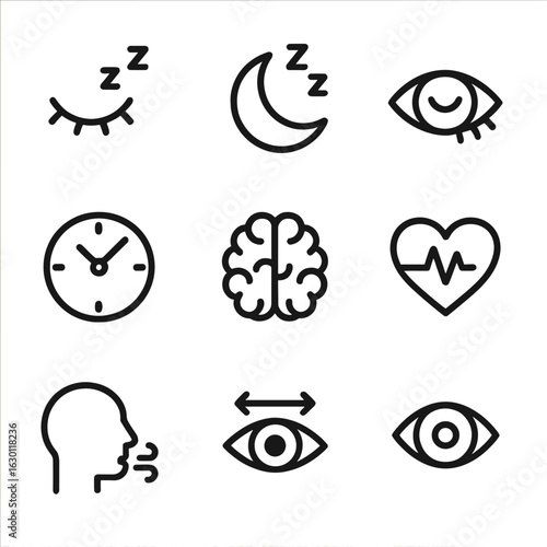 Sleep Cycle Icons. Outline icon set of sleep cycle stages: light sleep, deep sleep, REM sleep, awake, clock, brain activity, heart