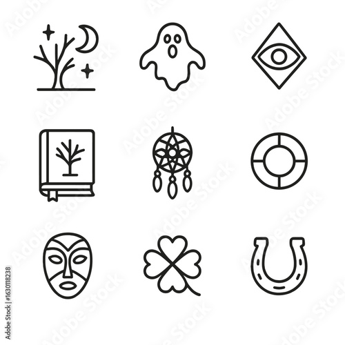 Folklore and Fatigue Icons. Outline icon set of folklore and myths: moonlit night silhouette, ghostly figure outline, protective