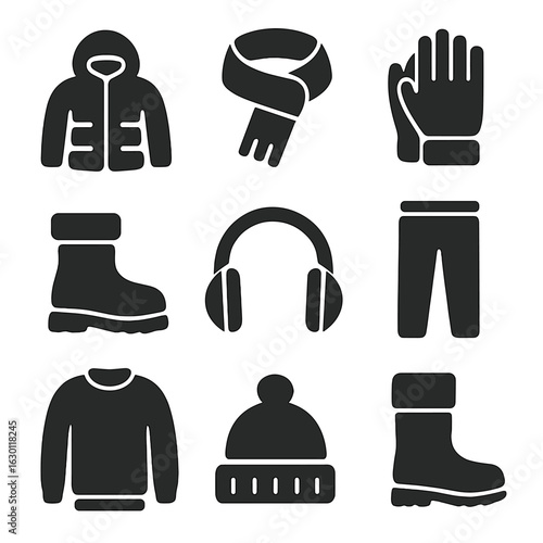 Winter Clothing Icons. Solid, filled icons set of cold weather clothing for snow clearing: insulated jacket,