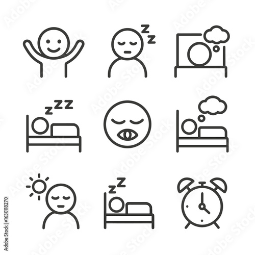 Sleep Cycle Icons. Outline icon set of sleep cycle: awake, drowsy, light sleep, deep sleep, REM sleep, dreaming, waking up,