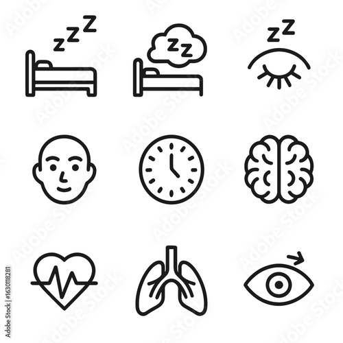Sleep Cycle Icons. Outline icon set of sleep cycle stages: light sleep, deep sleep, REM sleep, awake, clock, brain activity, heart