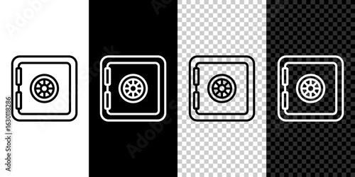 Set line Safe icon isolated on black and white, transparent background. The door safe a bank vault with a combination lock. Reliable Data Protection. Vector