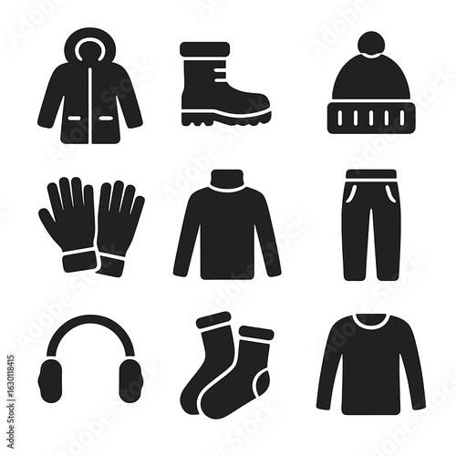Winter Gear Icons. Solid, filled icons set of winter outerwear for teens: parka coat, snow boots, knit cap,