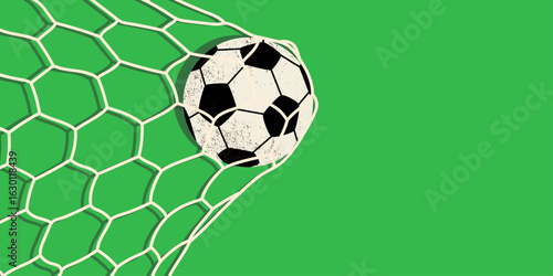 Soccer ball hitting the net and scoring a goal. Background for posters, social media, sports advertisements, football-related content, and tournament campaigns.