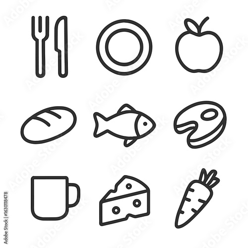 Food Icon Set. Outline icon set of consuming food: fork and knife, plate, apple, bread, fish, steak, cup, cheese, carrot. Line