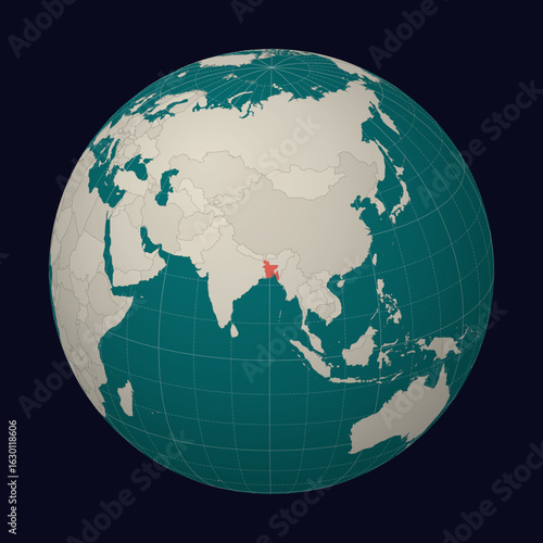 People's Republic of Bangladesh on the map. Globe centered to Bangladesh. Country location on the world map. Teal Pale Mint color palette. Globe with countries, meridians and parallels.