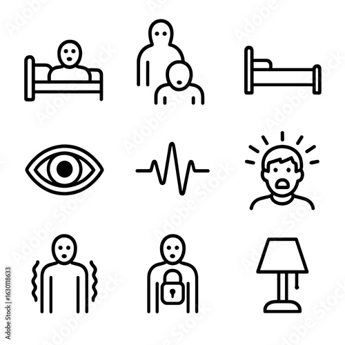 Sleep Paralysis Icons. Outline icon set of sleep paralysis: immobile figure, shadow presence, bed silhouette, wide-open eye in
