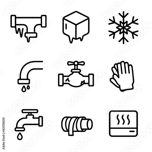 Winter Plumbing Icons. Outline icon set of winter plumbing hazards: frozen pipe, ice block, snowflake, water