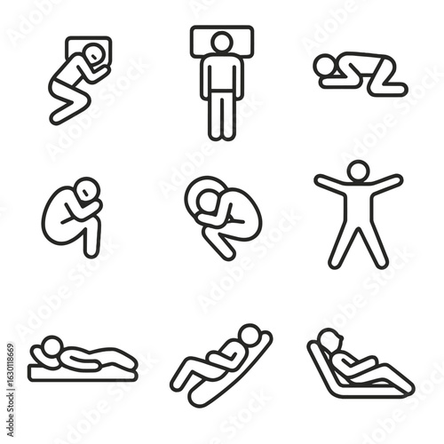 Sleep Positions Icons. Outline icon set of sleep positions: side sleeping, back sleeping, stomach sleeping, fetal position, curled