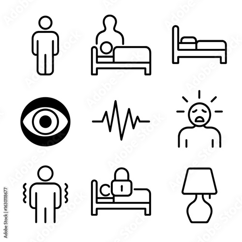 Sleep Paralysis Icons. Outline icon set of sleep paralysis: immobile figure, shadow presence, bed silhouette, wide-open eye in