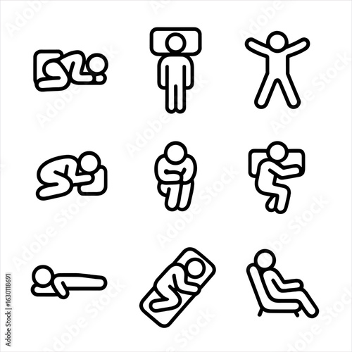 Sleep Positions Icons. Outline icon set of sleep positions: side sleeping, back sleeping, stomach sleeping, fetal position, curled