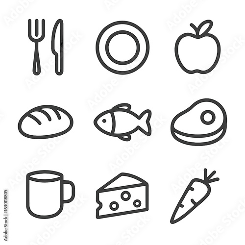 Food Icon Set. Outline icon set of consuming food: fork and knife, plate, apple, bread, fish, steak, cup, cheese, carrot. Line