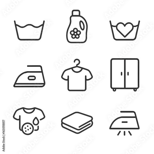 Sleepwear Care Icons. Outline icon set of sleepwear care: washing instructions, fabric softener, delicate wash, ironing, drying,