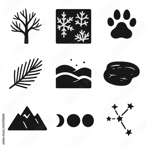 Winter Solstice Icons. Solid, filled icons set of winter solstice nature motifs: bare trees, frost patterns,