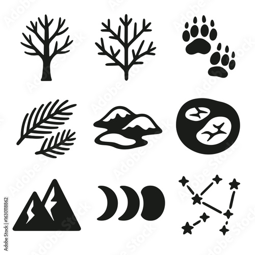 Winter Solstice Icons. Solid, filled icons set of winter solstice nature motifs: bare trees, frost patterns,