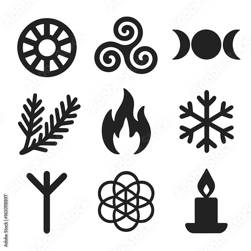 Winter Solstice Icons. Solid, filled icons set of winter solstice symbolic elements: sun wheel, spiral