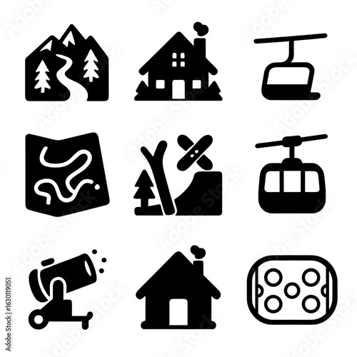 Winter Sports Icons. Solid, filled icons set of winter sports venues: ski resort, mountain lodge, chairlift,
