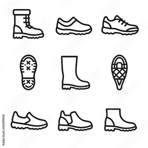 Slush Footwear Icons. Outline icon set of slush related footwear: snow boot, waterproof shoe, winter sneaker, mud clog, ice grip