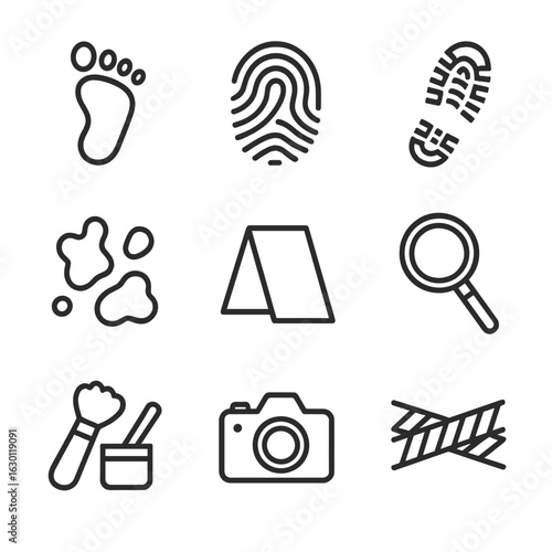 Forensic Icon Set. Outline icon set of footprint in forensic science: crime scene print, fingerprint, shoe print, blood trail,