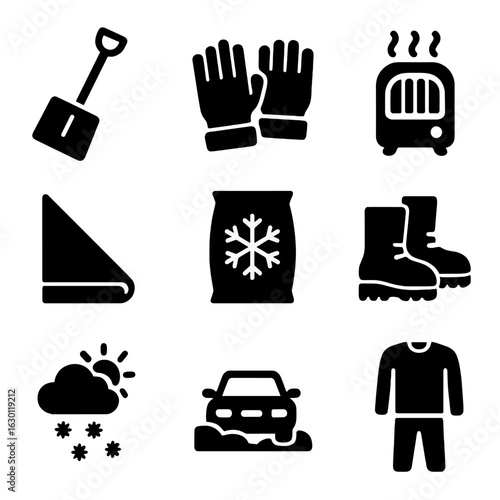 Winter Storm Essentials. Solid, filled icons set of winter storm emergency: snow shovel, insulated gloves,