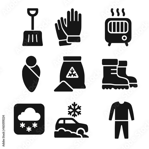 Winter Storm Essentials. Solid, filled icons set of winter storm emergency: snow shovel, insulated gloves,