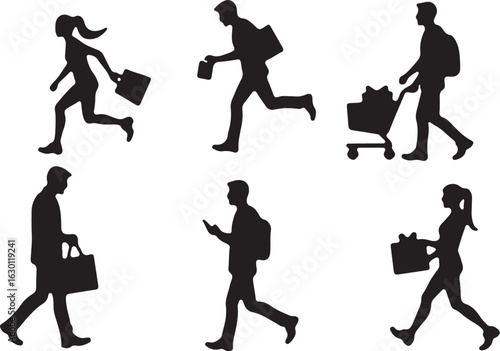 Busy people rushing with bags and shopping carts in motion