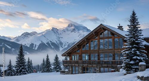 Luxury winter chalet in snow mountain landscape with trees and blue sky travel and vacation destination