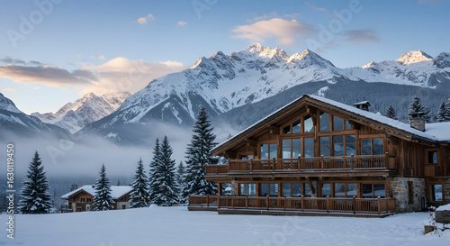 Winter chalet snow mountain landscape snowscape cabin alpine lodge ski resort vacation home getaway scenic view