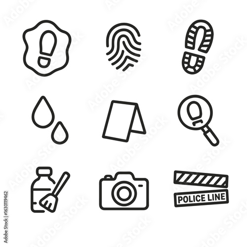 Forensic Icon Set. Outline icon set of footprint in forensic science: crime scene print, fingerprint, shoe print, blood trail,