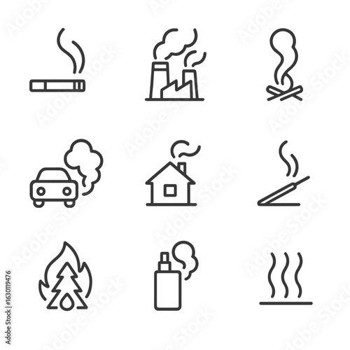 Smoke Icon Set. Outline icon set of smoke types: cigarette smoke, industrial smoke, campfire smoke, exhaust smoke, chimney smoke,