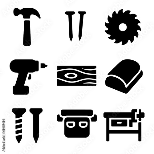 Woodworking Tools Icons. Solid, filled icons set of woodworking DIY: hammer, nails, saw blade, drill, wood