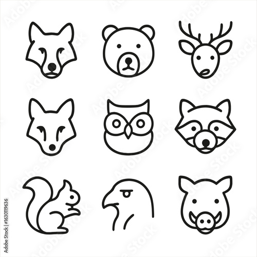 Forest Creatures Icons. Outline icon set of forest creatures: wolf, bear, deer, fox, owl, raccoon, squirrel, hawk, boar. Line