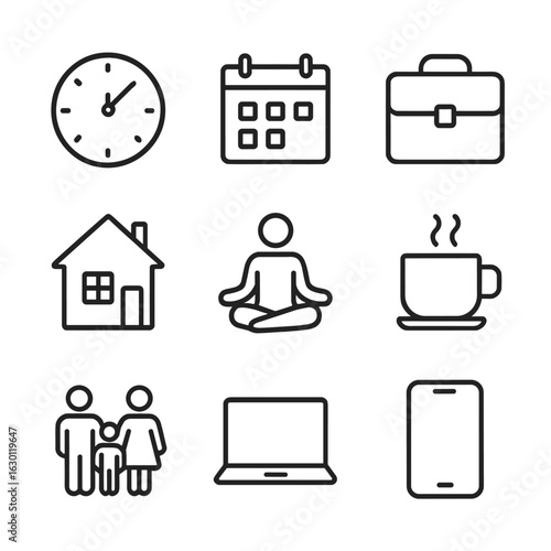 Work-Life Balance Icons. Outline icon set of Work-life balance: clock, calendar, briefcase, house, yoga pose,