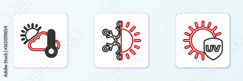 Set line UV protection, Thermometer and cloud, sun and Sun snowflake icon. Vector
