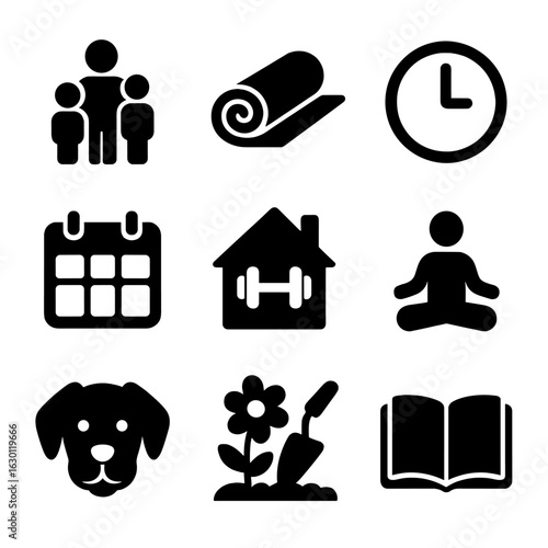 Work-Life Balance Icons. Solid, filled icons set of work-life balance: family time, yoga mat, clock, calendar,