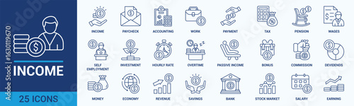 Income icon set. Containing money, tax, earnings, payment, accounting, paycheck, work, pension and wages icons. Solid icon collection. Vector illustration.