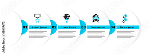 Set line Aviation bomb, Military rank, Parachute and reward medal icon. Vector