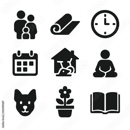 Work-Life Balance Icons. Solid, filled icons set of work-life balance: family time, yoga mat, clock, calendar,