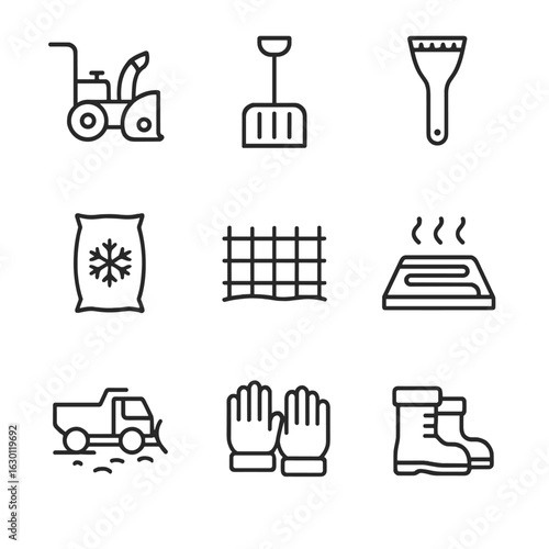 Snow Maintenance Icons. Outline icon set of snow maintenance and tools: snowblower, snow shovel, ice scraper, salt bag, snow fence