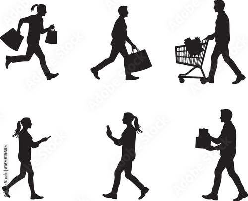 People shopping silhouettes showing diverse consumer actions