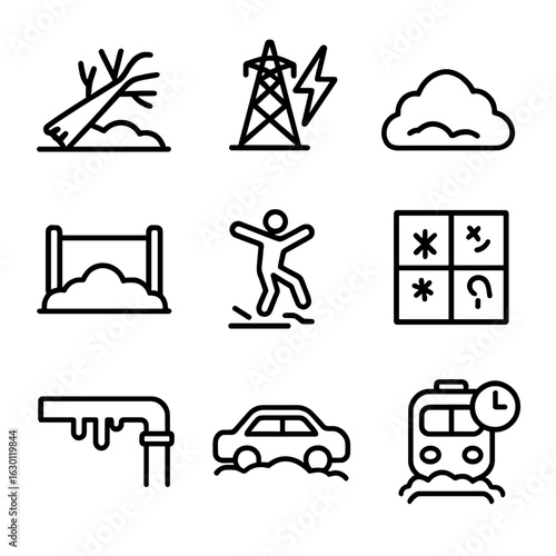 Snowstorm Icon Set. Outline icon set of snowstorm effects: fallen tree, power outage, snow pile, blocked path, slippery surface,