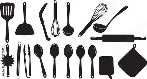 Collection of Black Silhouette Kitchen Utensils and Cooking Tools on White Background spatula tongs