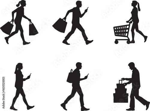 People shopping and using phones, diverse consumer activities