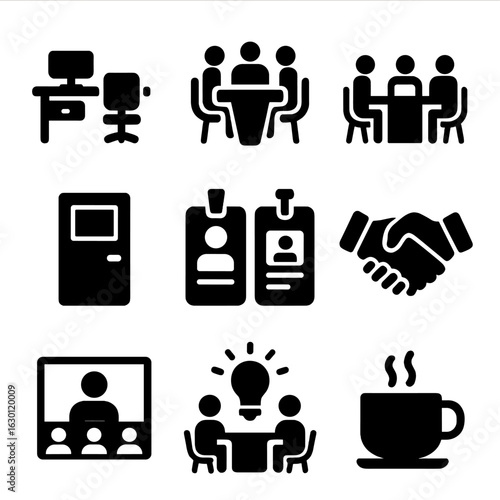 Workplace Icons Grid. Solid, filled icons set of workplace proximity: office desks, meeting table, coworking