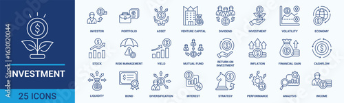 Investment icon set. Containing investor, mutual fund, asset, risk management, economy, financial gain, interest and stock icons. Outline icon collection.