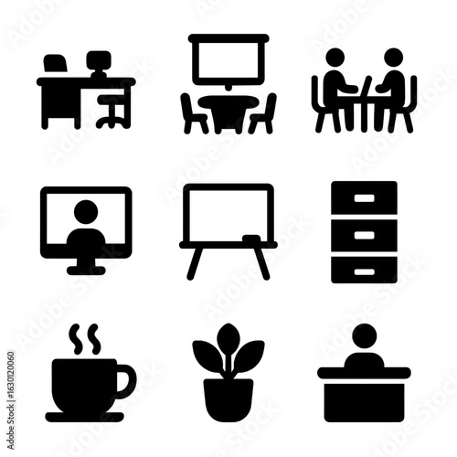 Workplace Icons Grid. Solid, filled icons set of workplace environments: office desk, conference room,
