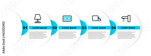 Set line Water tap, Delivery cargo truck, Electrical outlet and Table lamp icon. Vector