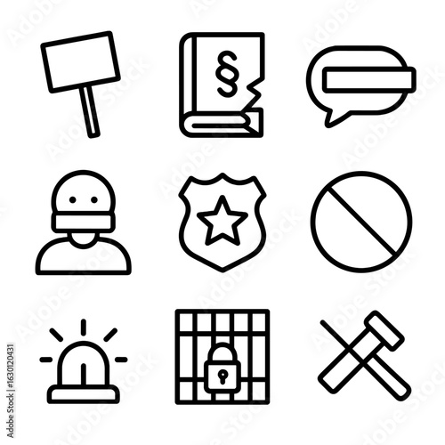 Societal Taboo Icons. Outline icon set of societal taboo: protest sign, broken law book, censored speech, gagged person, police